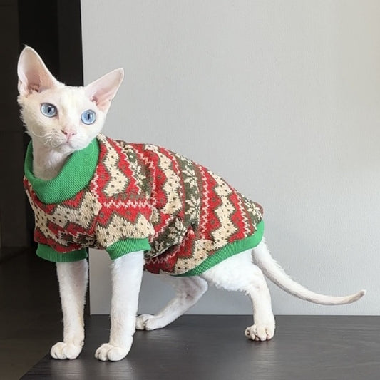 Sphinx Hairless Cat Christmas Vintage Jacquard Maple Leaf Knitted Sweater Warm Pet Clothes