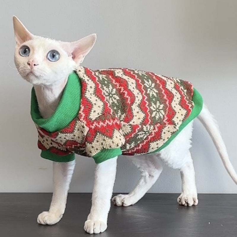 Sphinx Hairless Cat Christmas Vintage Jacquard Maple Leaf Knitted Sweater Warm Pet Clothes