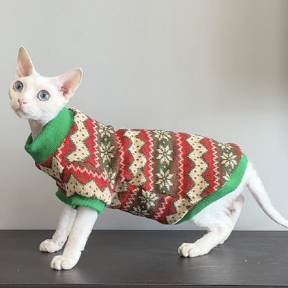 Sphinx Hairless Cat Christmas Vintage Jacquard Maple Leaf Knitted Sweater Warm Pet Clothes