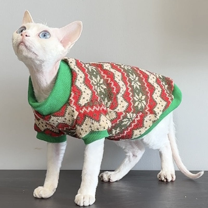 Sphinx Hairless Cat Christmas Vintage Jacquard Maple Leaf Knitted Sweater Warm Pet Clothes