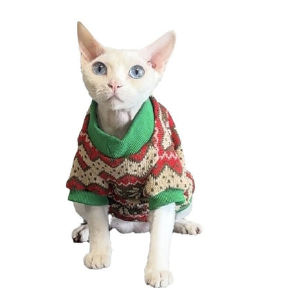 Sphinx Hairless Cat Christmas Vintage Jacquard Maple Leaf Knitted Sweater Warm Pet Clothes