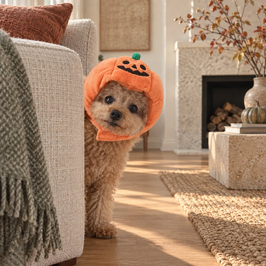 Toy poodle wearing an orange pumpkin hood in a warm American home