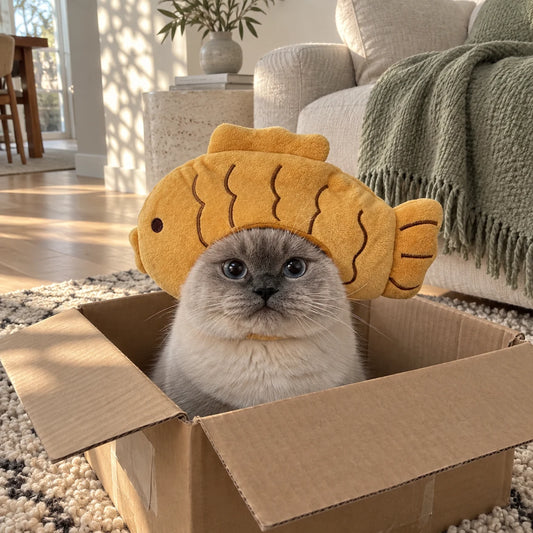 British Shorthair cat wearing a plush fish hat in a cardboard box at home