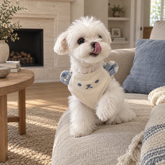Maltese wearing a cream bear bib vest in an American living room