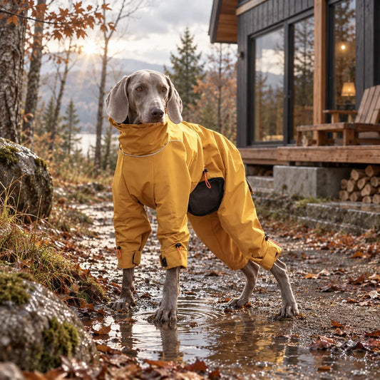 Weimaraner wearing an ochre waterproof dog jacket on a wet autumn trail by a modern cabin
