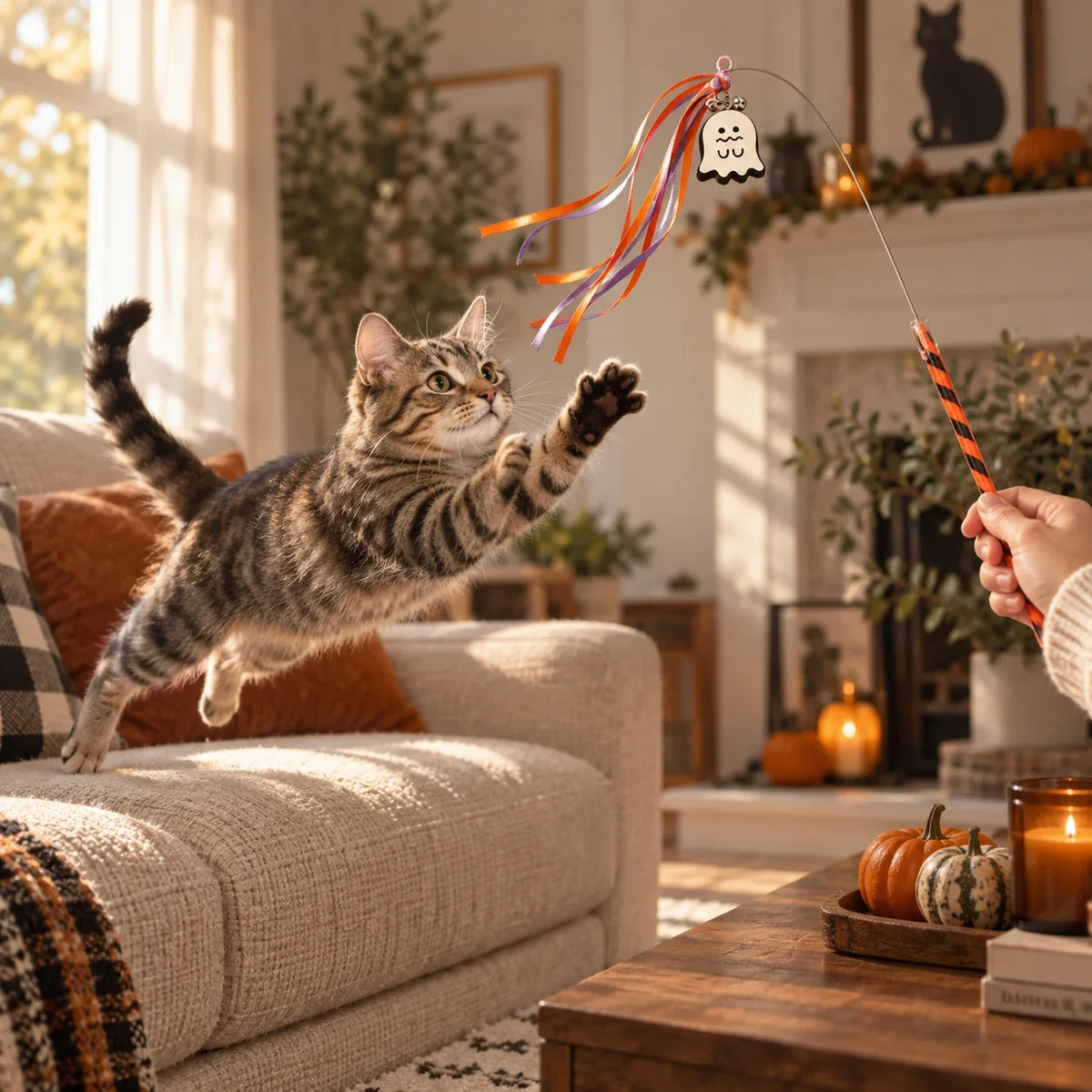 Tabby cat leaping for a Halloween ghost wand toy in a warm American living room