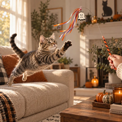 Tabby cat leaping for a Halloween ghost wand toy in a warm American living room