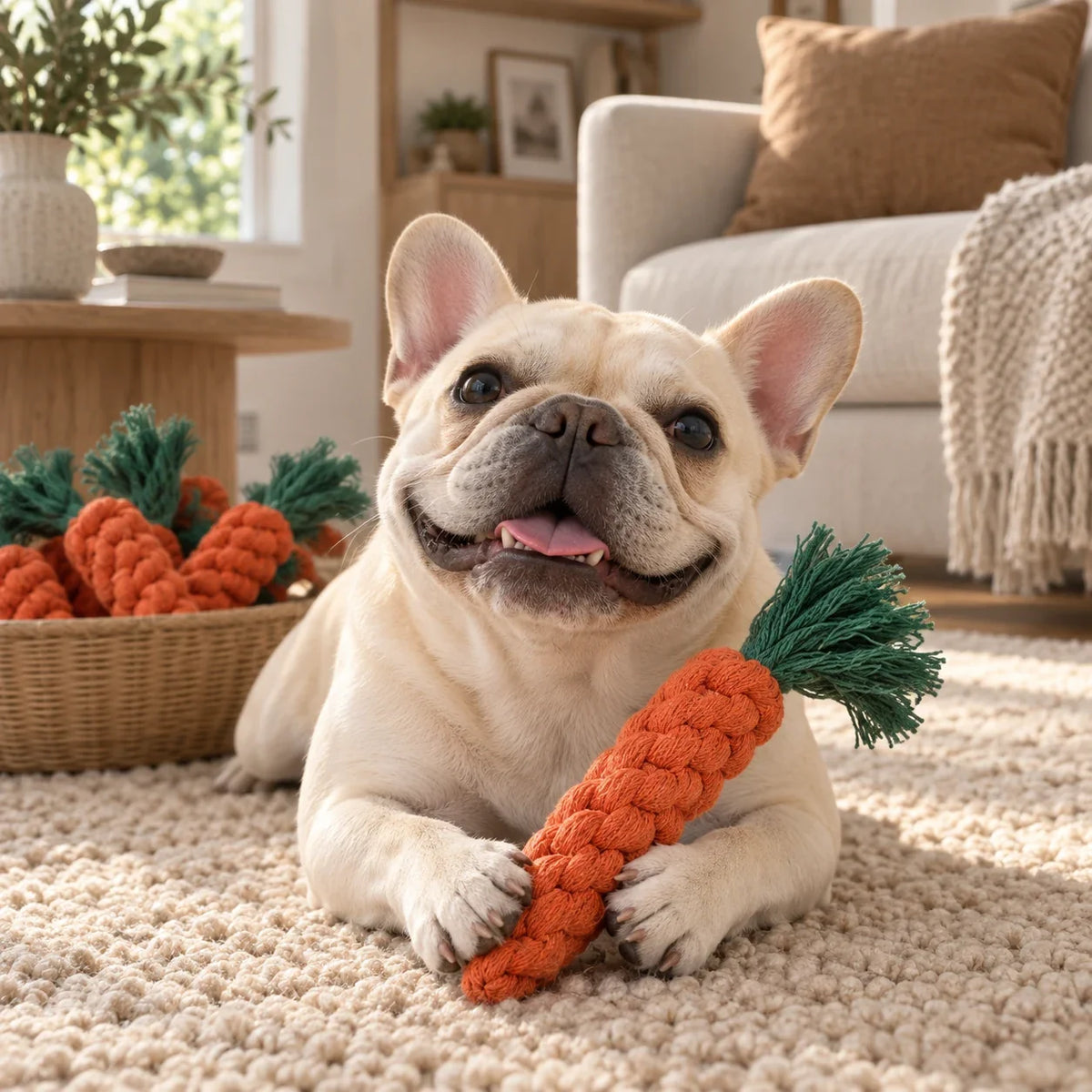 French bulldog holding an orange carrot cotton rope toy on an oatmeal rug