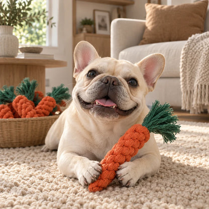 French bulldog holding an orange carrot cotton rope toy on an oatmeal rug