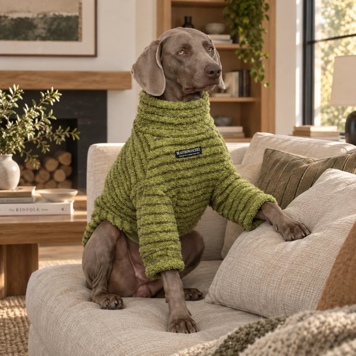 Weimaraner wearing a moss green striped sweater on an oatmeal sofa