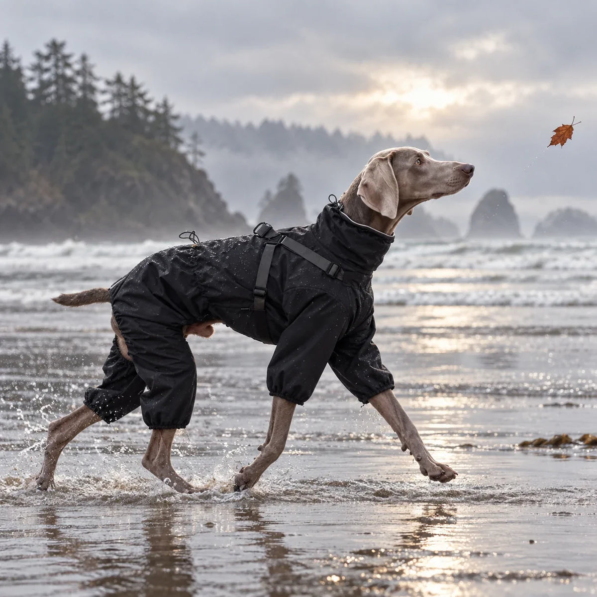 Weimaraner wearing a black functional rain jacket on a wet Pacific Northwest beach