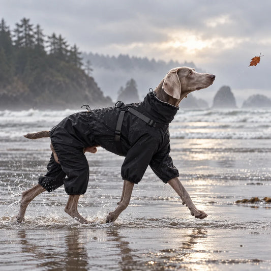Weimaraner wearing a black functional rain jacket on a wet Pacific Northwest beach