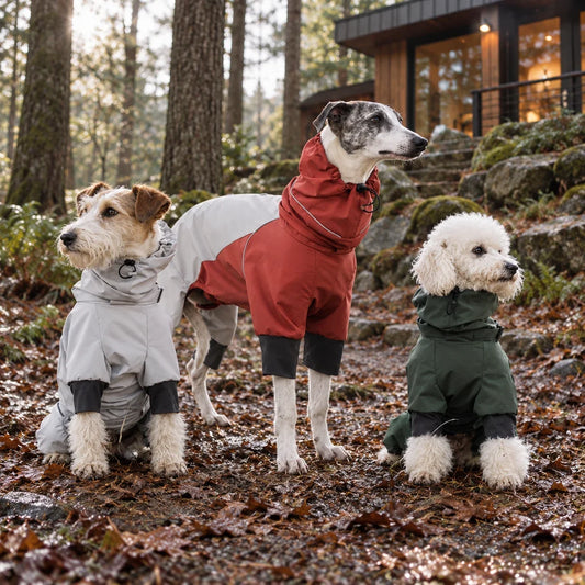 Three dogs wearing stone, brick red and forest green rain jackets on a damp woodland trail
