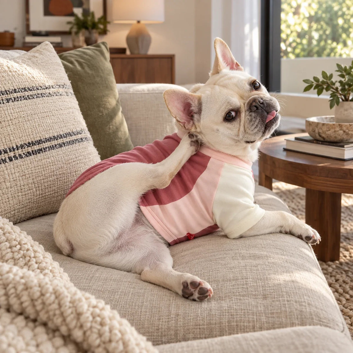 Cream French bulldog in a pink color-block tank scratching playfully on a refined oatmeal sofa
