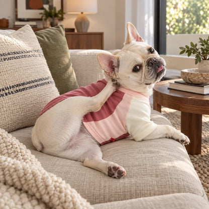 Cream French bulldog in a pink color-block tank scratching playfully on a refined oatmeal sofa