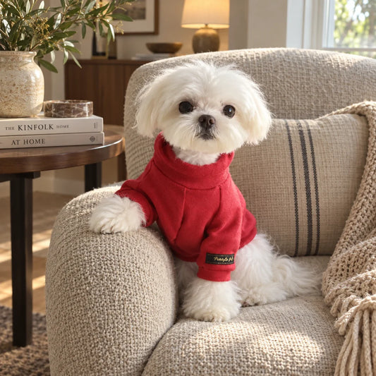 Small white dog wearing a warm red sweater in an American living room