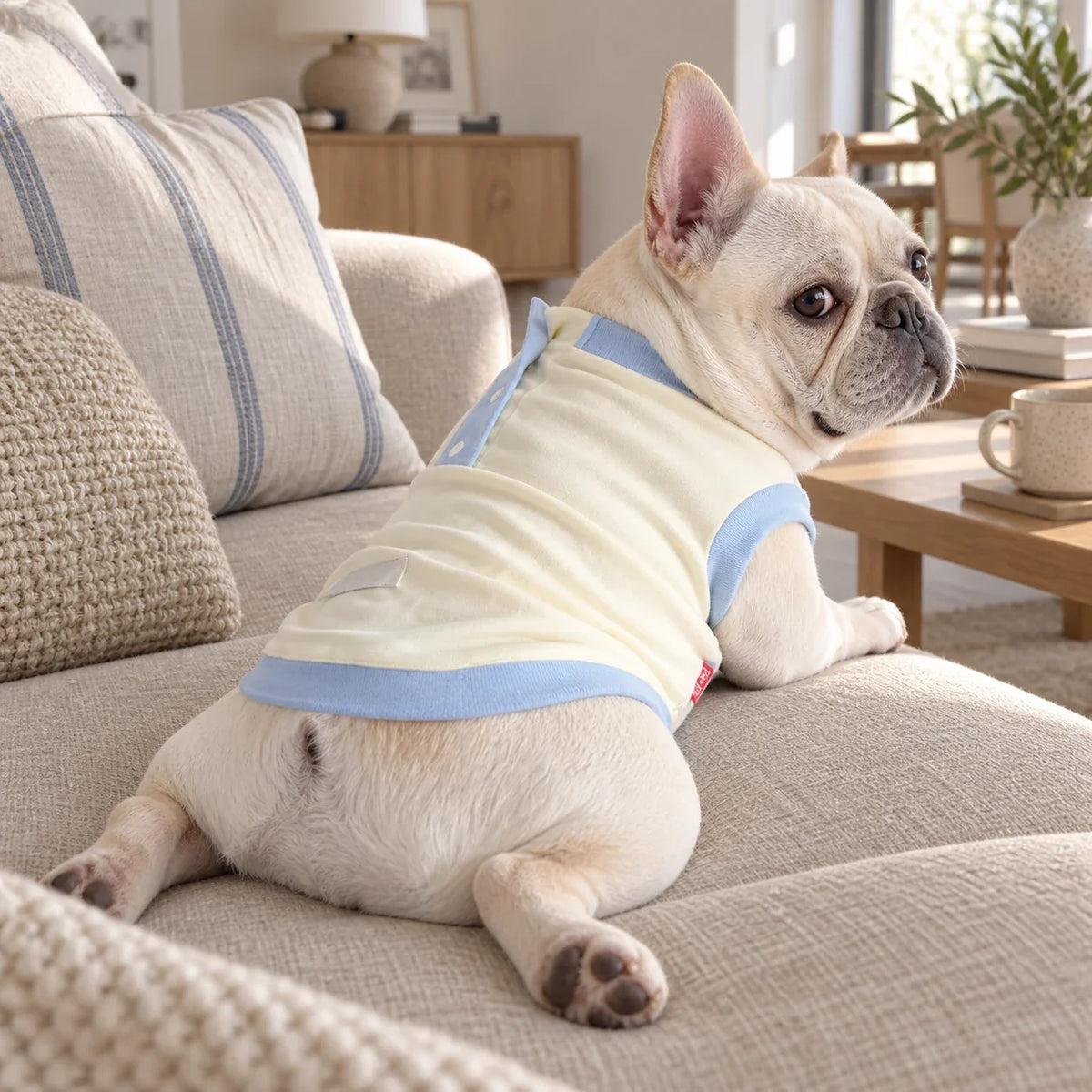 French bulldog lounging in cream and powder blue homewear on an oatmeal sofa