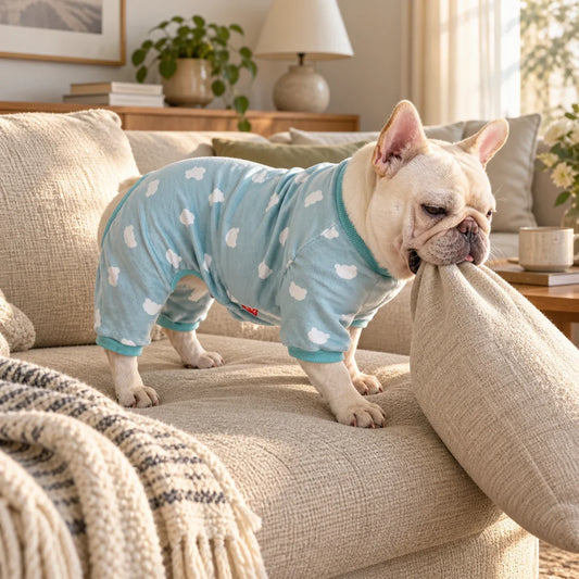 French bulldog in powder blue bone-print pajamas carrying a linen cushion