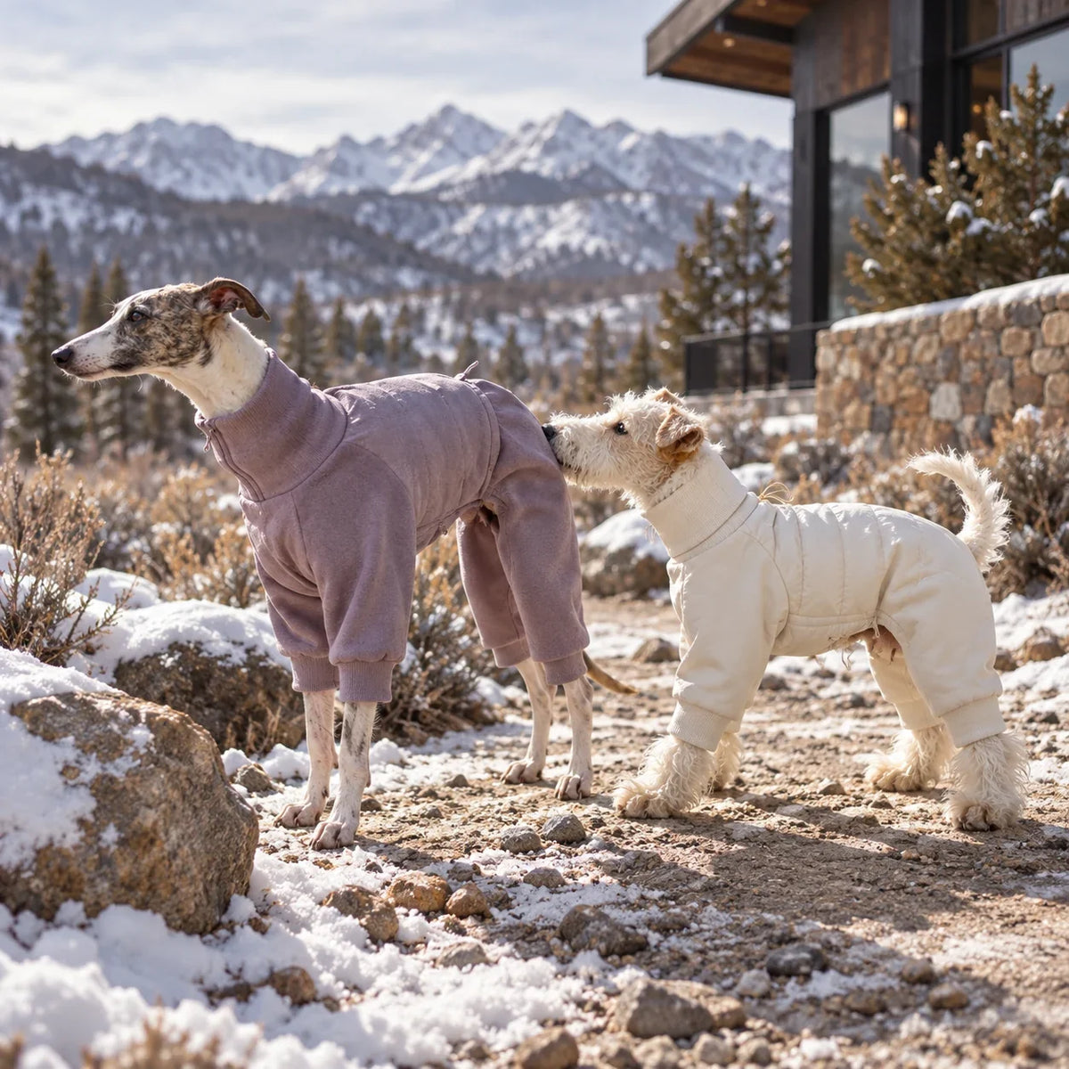 Whippet and terrier in lavender and ivory winter jumpsuits on a snowy trail