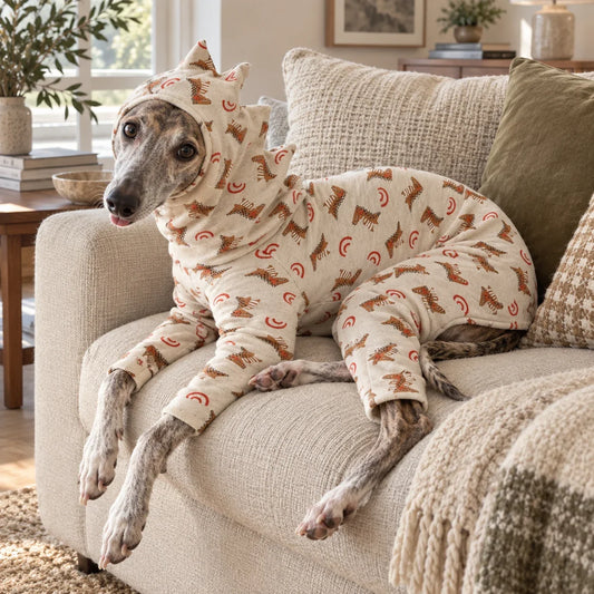 Whippet lounging in cream dinosaur-print cotton pajamas