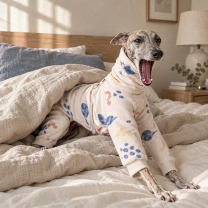 Yawning whippet in cream watercolor print four-leg pajamas