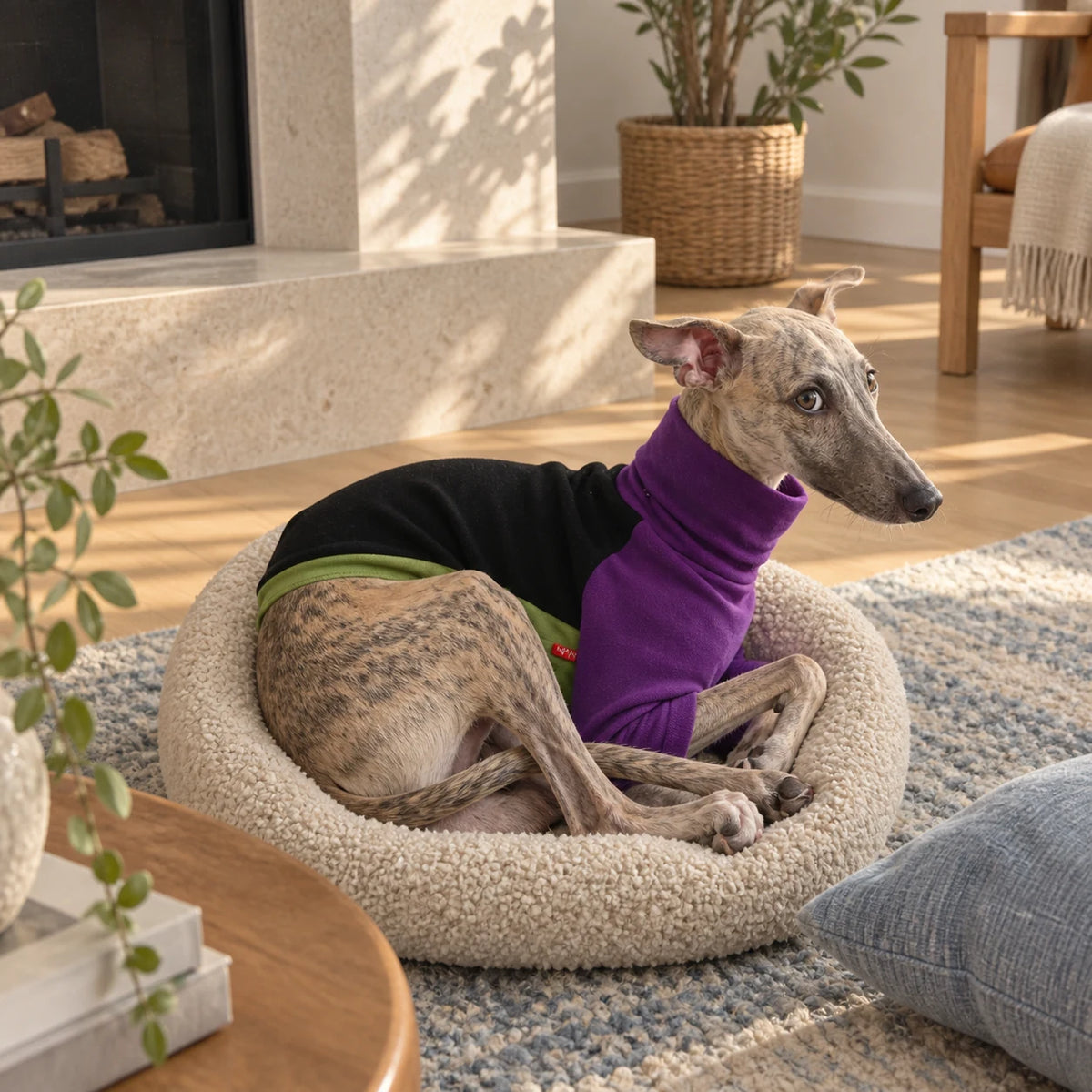Whippet curled in a small bed wearing a purple black color-block top