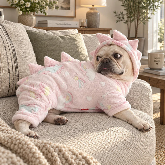 French bulldog lounging in pink fleece dinosaur pajamas