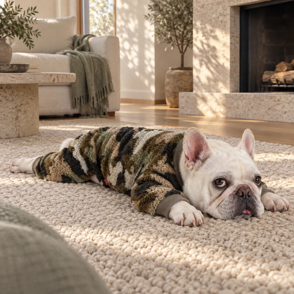 French Bulldog relaxing in four-leg camouflage fleece pajamas