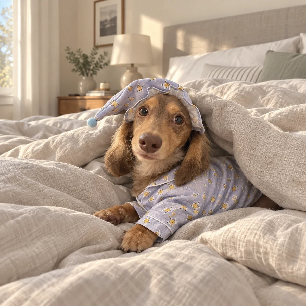 Dachshund in lavender star pajamas and matching nightcap