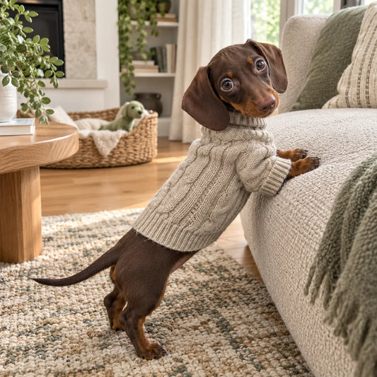 Chocolate dachshund wearing a beige cable-knit winter sweater in a cozy modern living room