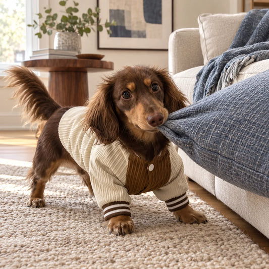 Long-haired dachshund wearing a cream and brown corduroy varsity jacket at home