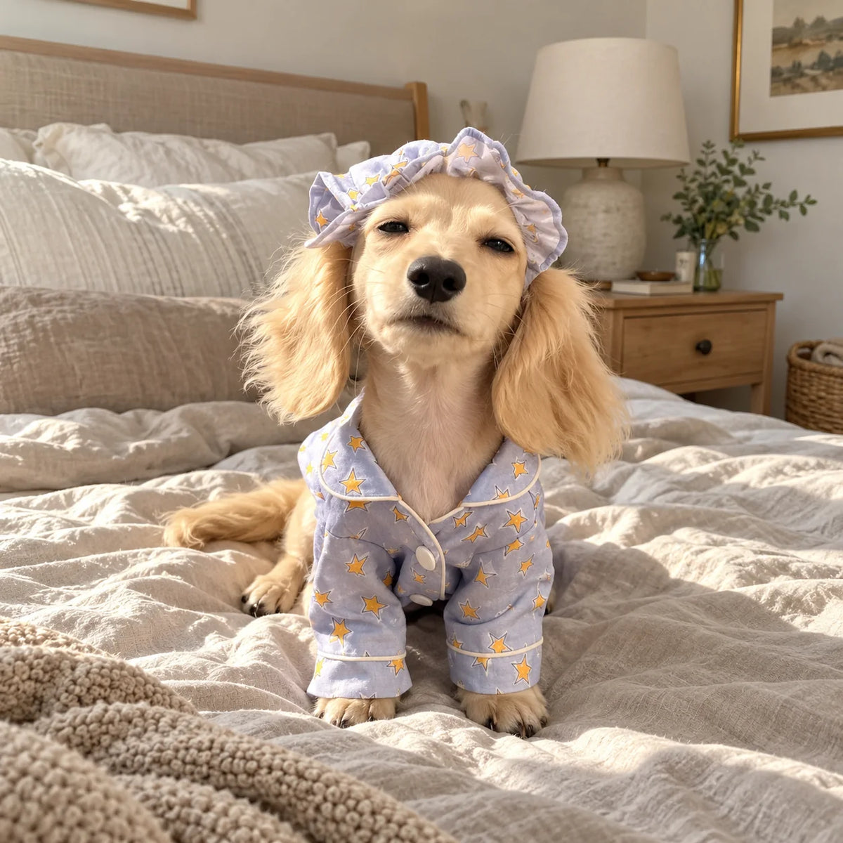 Cream dachshund wearing blue star-print pajamas and matching bonnet on a linen bed