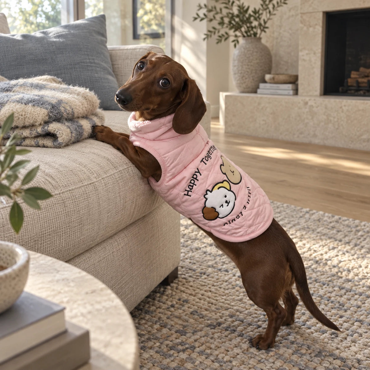 Dachshund stretching in a pink Happy Together quilted vest