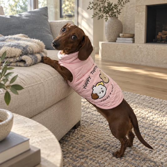 Dachshund stretching in a pink Happy Together quilted vest
