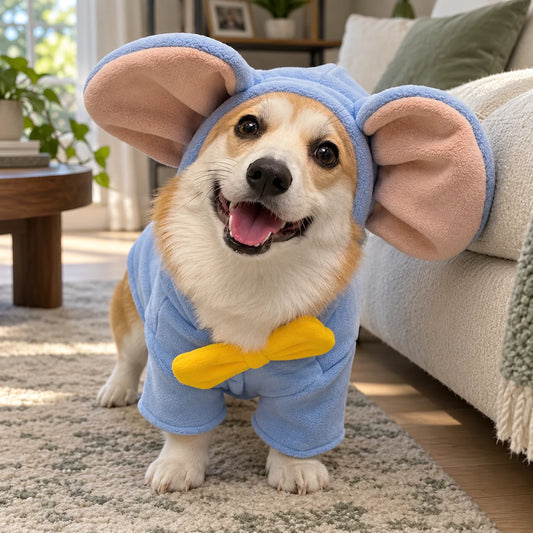 Corgi wearing a blue big-ear hoodie with yellow bow in a modern American living room