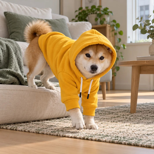 Shiba Inu wearing a mustard yellow spring hoodie in a modern American living room