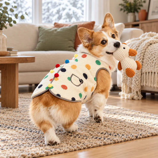 Corgi wearing a colorful polka-dot fleece winter vest in a modern American living room