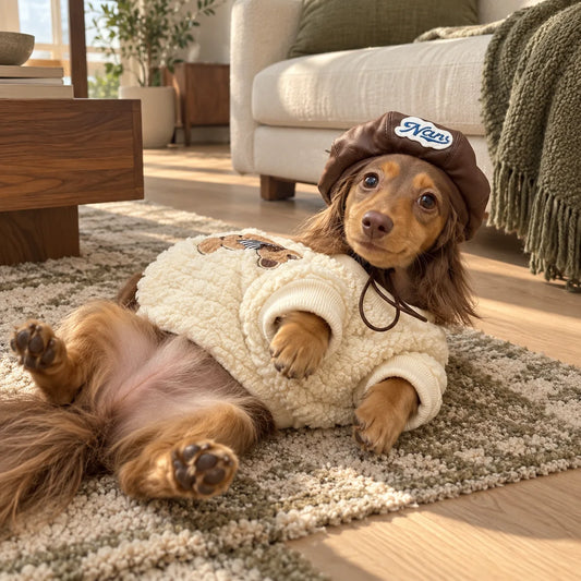Dachshund wearing a cream sherpa winter sweater and brown beret in a modern American living room