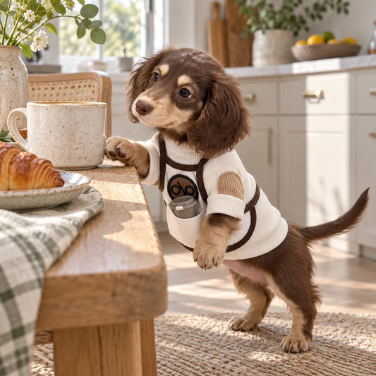 Long-haired dachshund wearing a cream cafe pocket shirt in a modern American kitchen