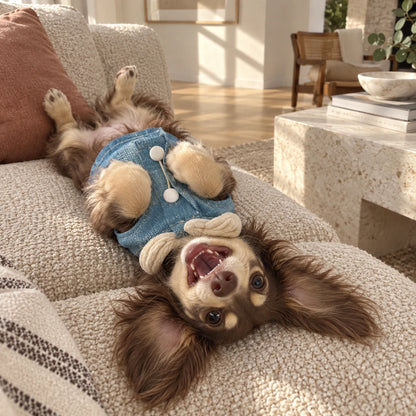 Long-haired dachshund upside down in a denim sherpa vest