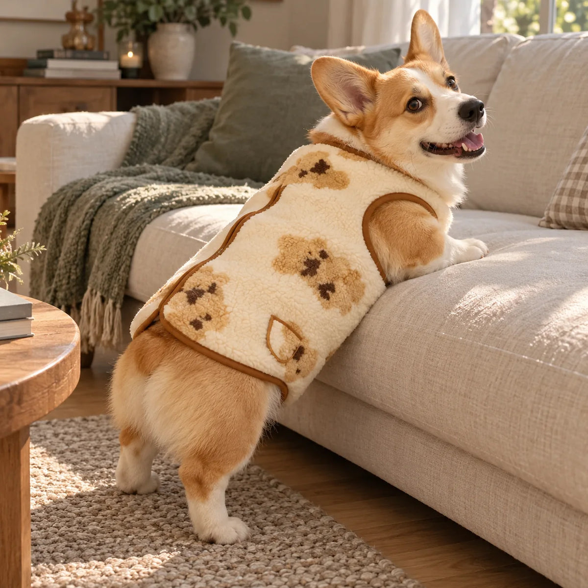 Corgi wearing a cream sherpa fleece vest in a warm modern American living room
