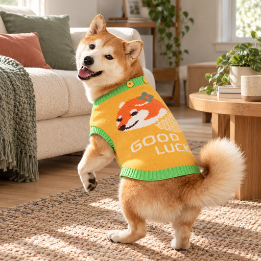Shiba Inu wearing yellow and green Good Luck fox knit dog sweater in a modern American living room