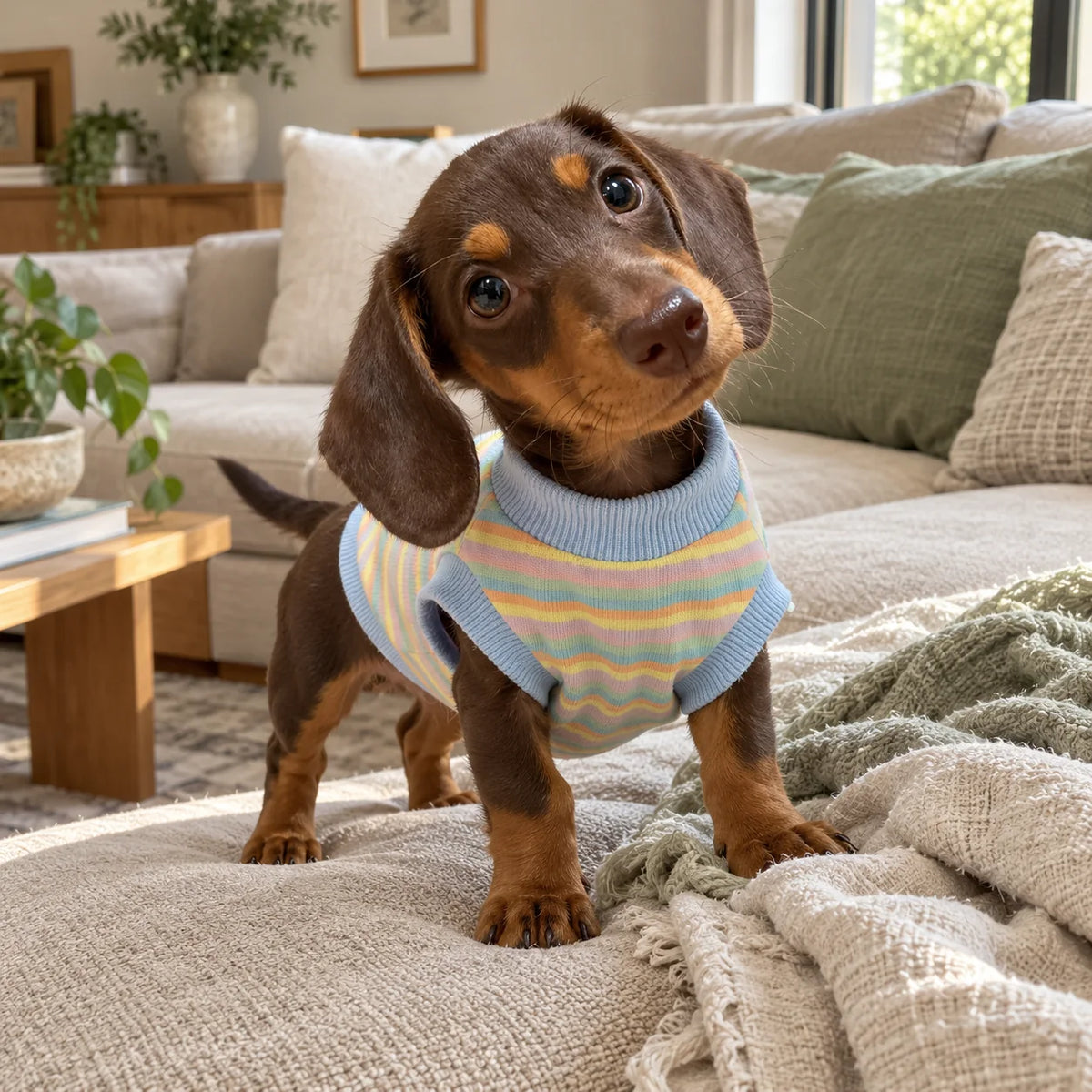 Chocolate dachshund puppy wearing a pastel rainbow striped vest in a modern living room