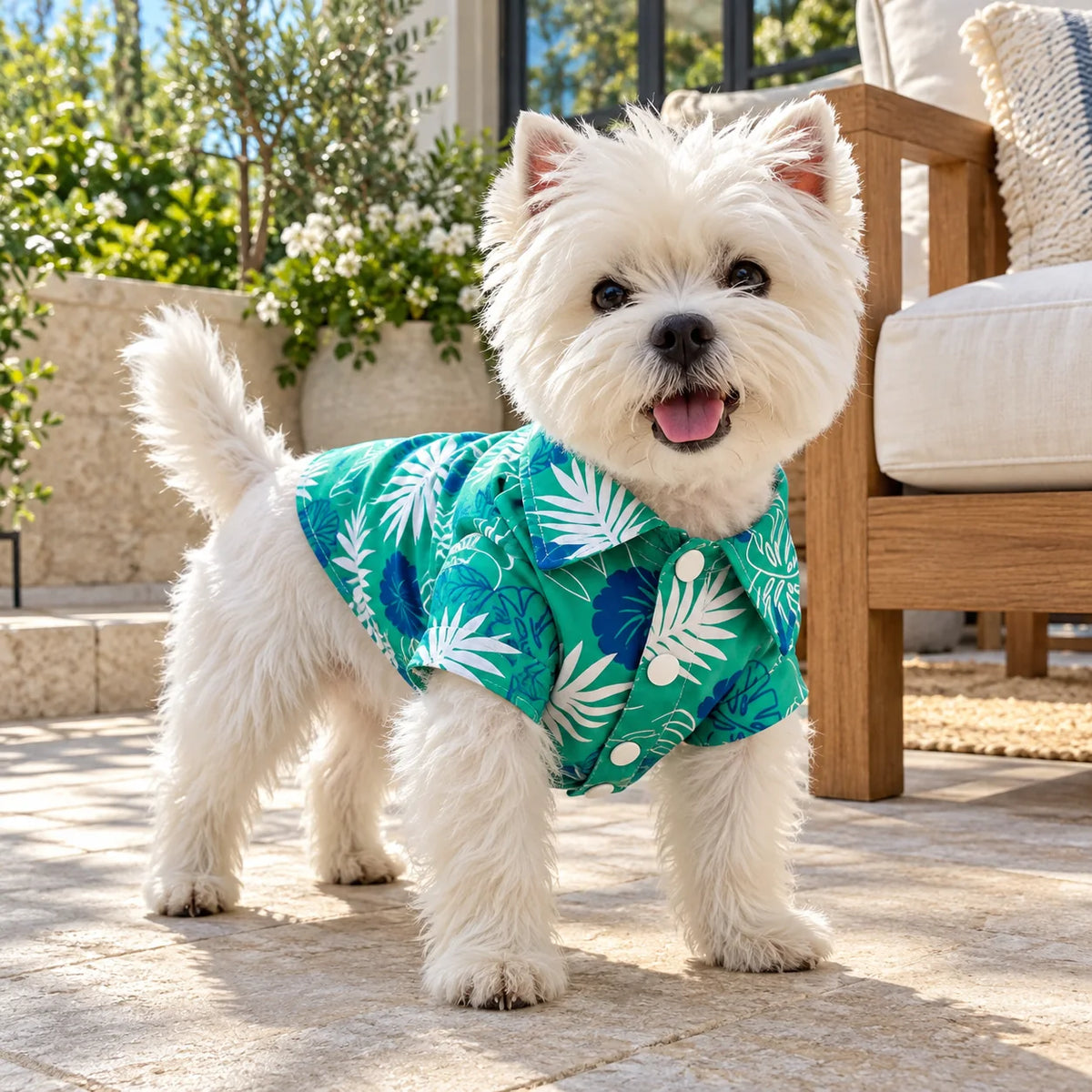White terrier wearing a green tropical print dog shirt on a modern patio