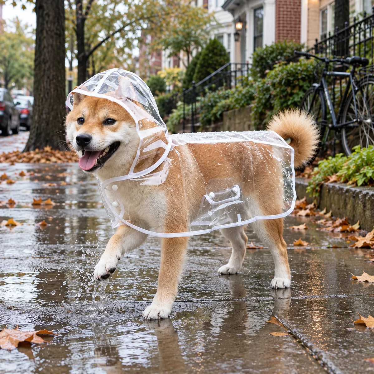 Shiba Inu wearing a clear dog raincoat with white trim on a rainy neighborhood walk
