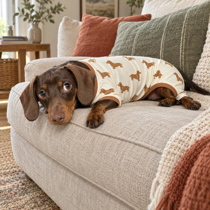 Chocolate dachshund wearing cream dachshund-print pajamas on an oatmeal sofa