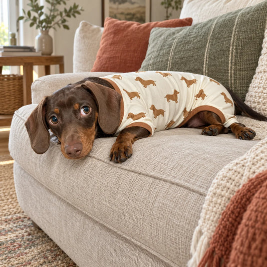 Chocolate dachshund wearing cream dachshund-print pajamas on an oatmeal sofa