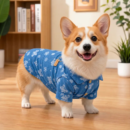 Light blue denim dog shirt side view