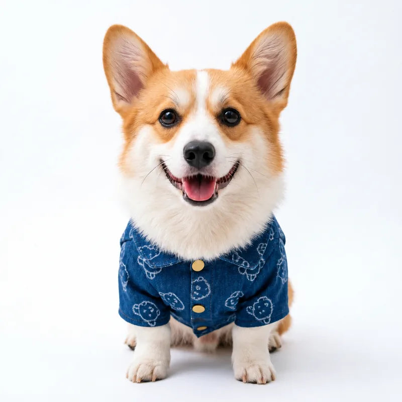 Dark denim dog shirt front view