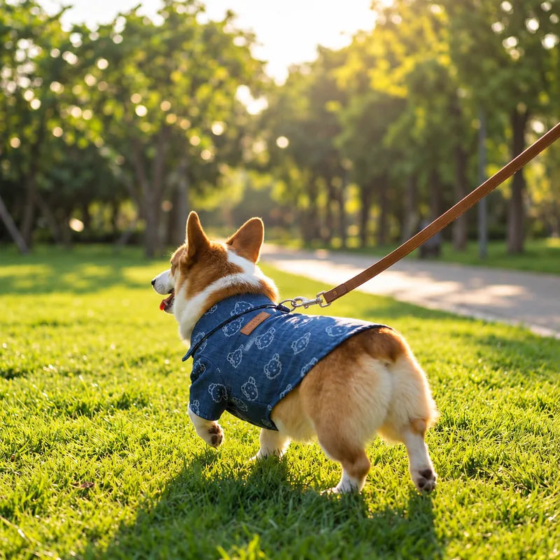 Dog wearing denim shirt outdoors